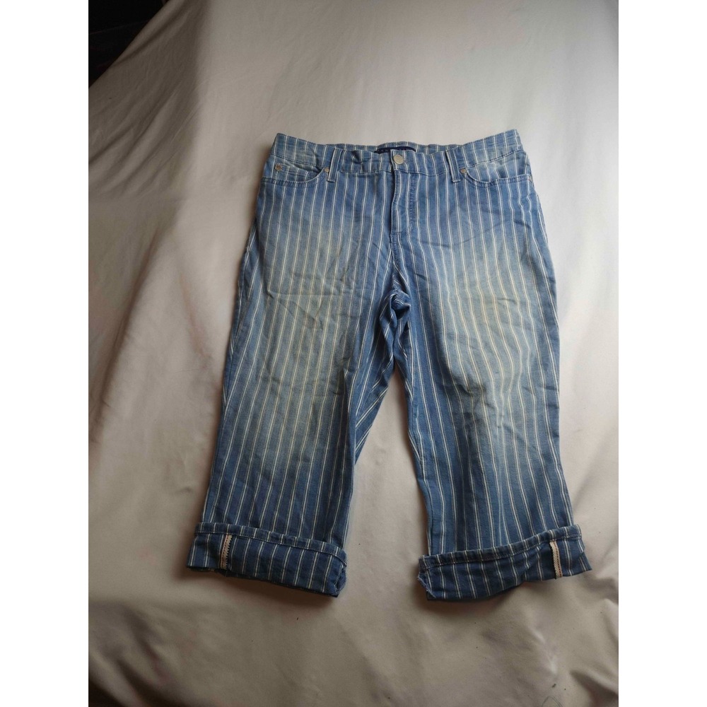 Bandolino Jeans Womens Size 10 Blue White Denim Striped Cuffed Capris Cropped